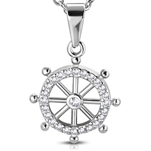 Steel Ship's Helm Pendant with Cubic Zirconias